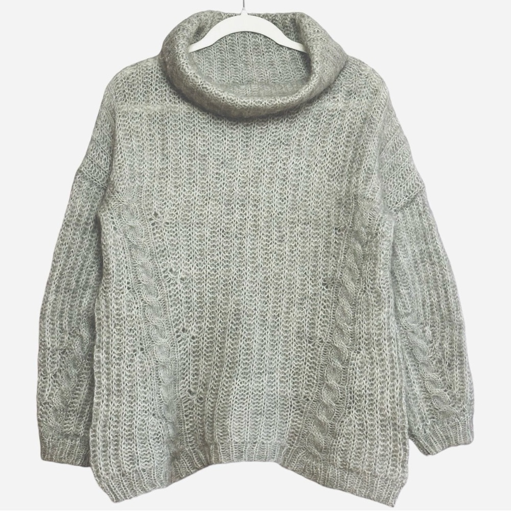 Womens L Gray Turtleneck Sweater 42” Hand Knit? Cable Open Knit Cozy Cowl Mohair